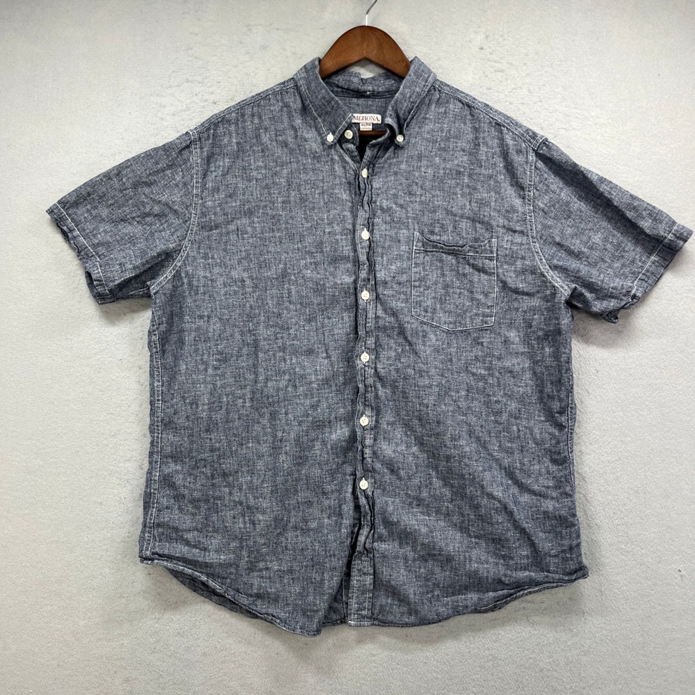 Merona Button Up Shirt Men XL Blue Linen Blend Short Sleeve Casual Beach Coastal
